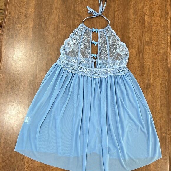 Shirley of Hollywood Lingerie Sexy Sheer Blue Lace Babydoll Peekaboo Cutouts XL - Picture 9 of 12